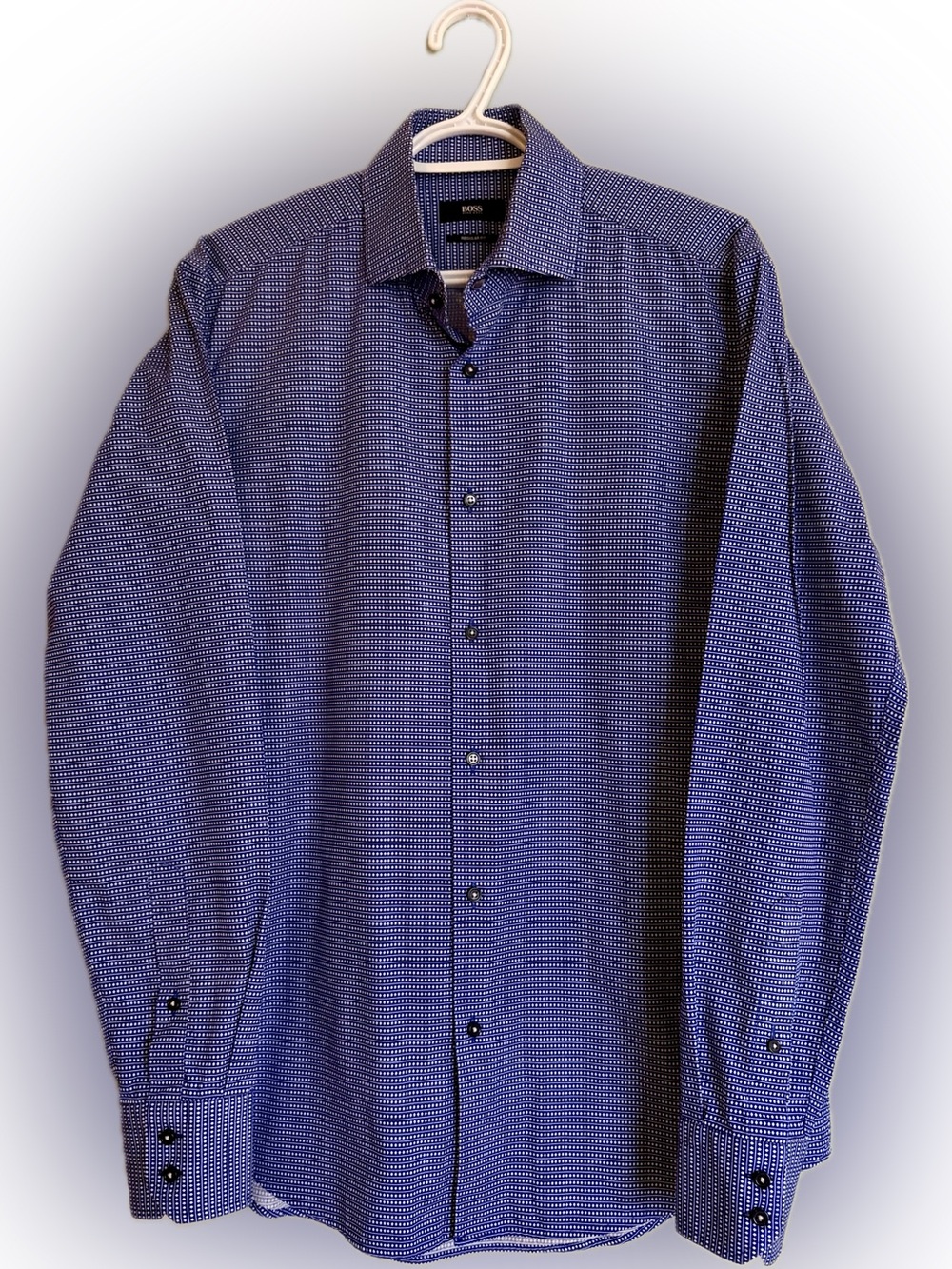 BOSS Hugo Boss Men Shirt Regular Fit 39 15.5 M Blue Diamond Micro Print Italy